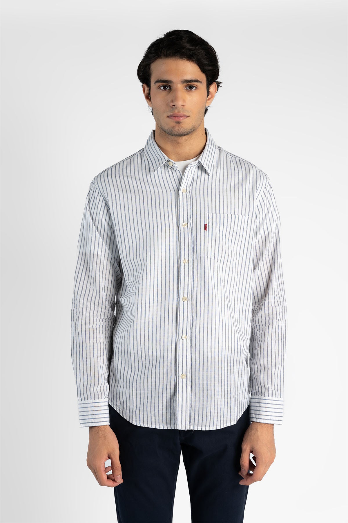 Levi's white vertical-striped button-up shirt with long sleeves and collar