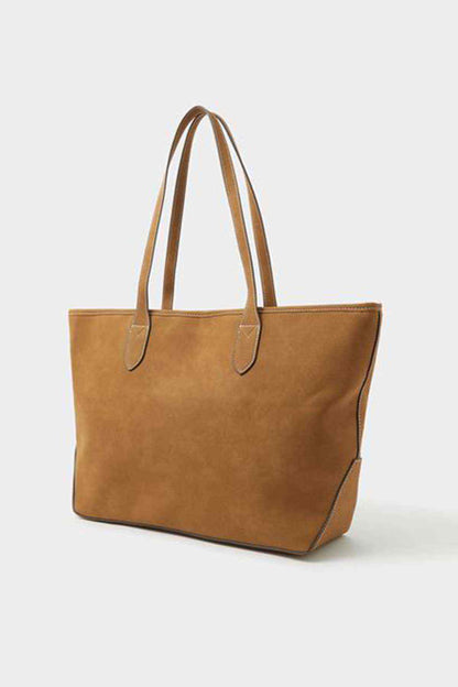 Tan tote bag with structured body and two top handles, side view