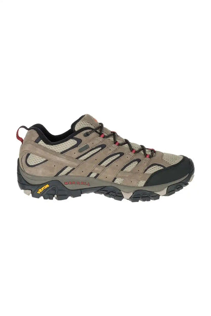 Merrell hiking shoes in bark brown and gray with black trim, lace-up trail design.