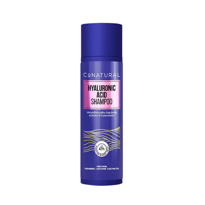 Blue hyaluronic acid shampoo bottle with flip-top cap and printed label