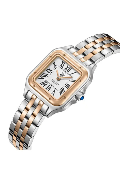 Two-tone metal wristwatch with square rose-gold case, roman numeral dial