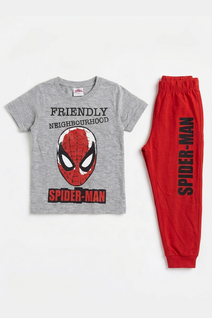 BABYSHOP toddler gray Spider-Man T-shirt with red joggers, flat lay front view