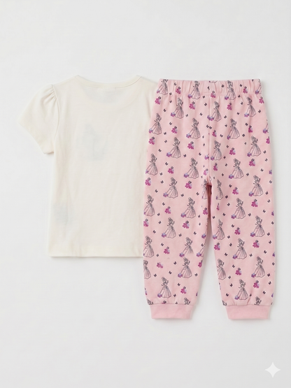 Two-piece pajama set: cream short-sleeve tee with pink ballerina print pants