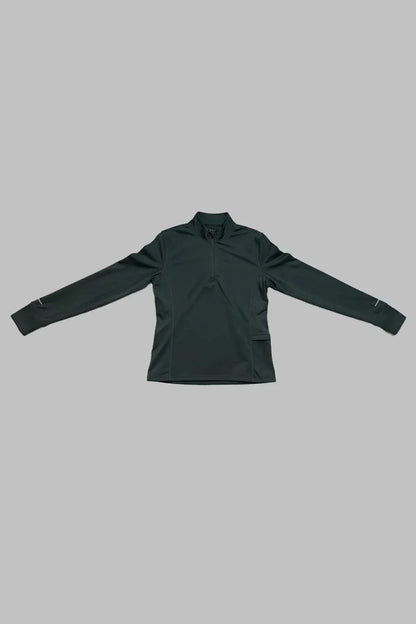 Dark teal zip-up athletic jacket with stand collar and long sleeves, flat lay back
