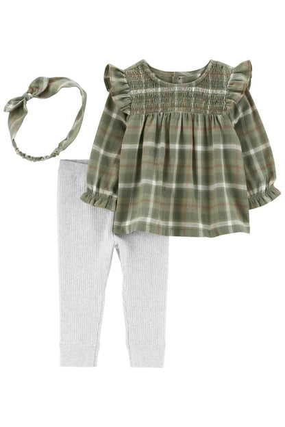 Plaid baby dress with ruffled yoke, long sleeves, and gray leggings set