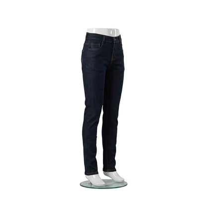 Dark blue denim jeans, angled view, slim fit with belt loops and stitched legs