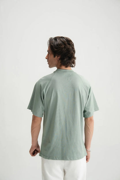 Teal crew-neck short-sleeve T-shirt, back view