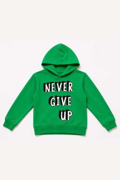Green hoodie with hood and long sleeves, 'Never Give Up' front text