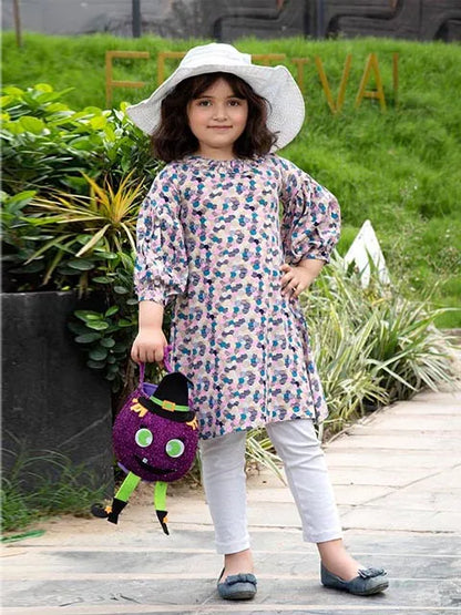 Girls floral tunic dress with 3/4 sleeves, pastel print; white leggings and bucket hat