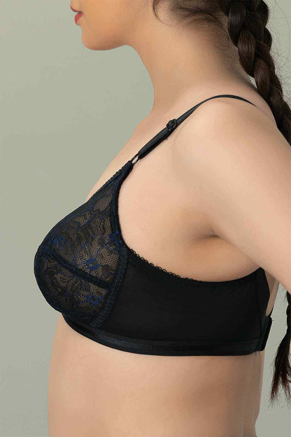 Black lace bra with deep V neckline and thin adjustable shoulder straps