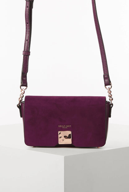 Luella Grey berry flap crossbody bag with gold clasp and chain strap