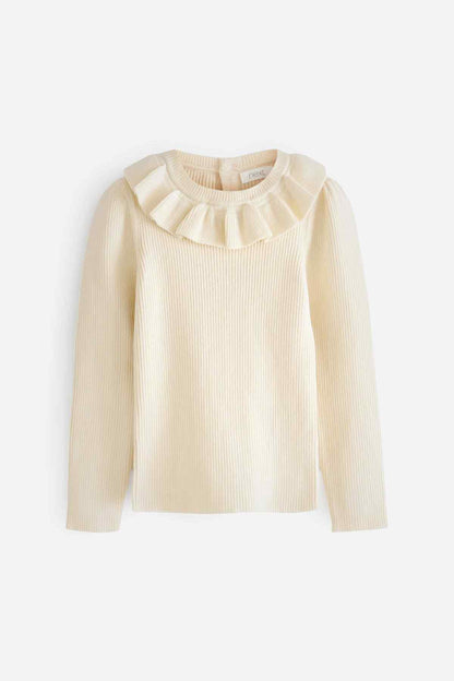 Ecru knit sweater with ruffled collar detail and long sleeves