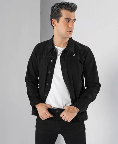 Black fitted denim jacket with button front and chest pockets