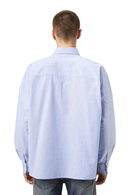 Men's light blue button-up dress shirt, back view with long sleeves
