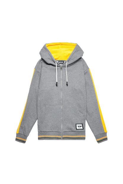 Grey Diesel zip-up hoodie with yellow side panels, hood, drawstring, front logo patch