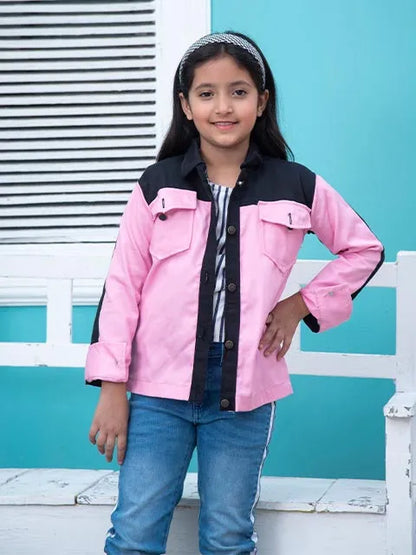 Kids pink and black hooded jacket close-up with button front and chest pockets