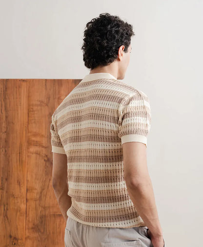 Fitted short-sleeve knit shirt back view, cream with tan stripe pattern