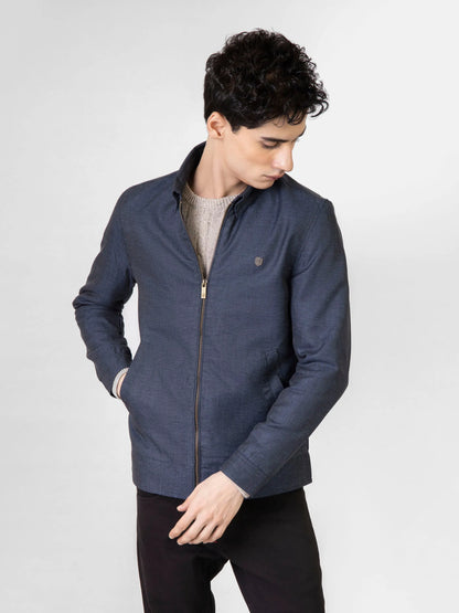 Brumano men's dark blue cotton zip jacket with stand collar, gold zipper