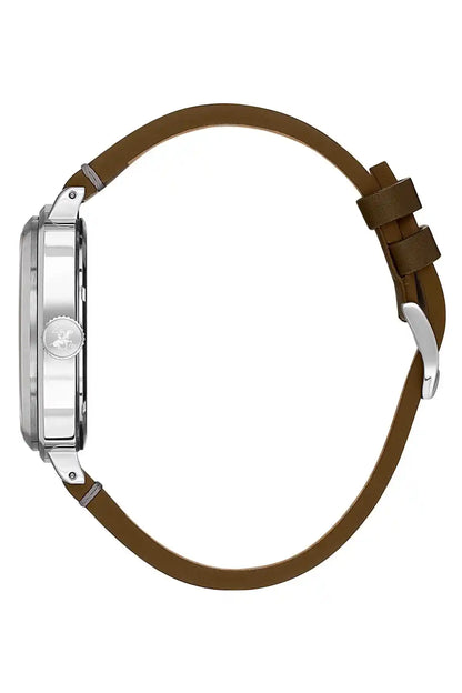 BHPC watch side view with camel leather strap and metal case with crown