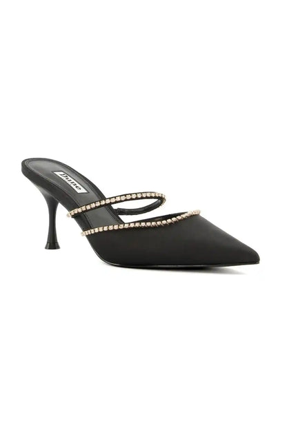 Dune London black heeled mules with rhinestone-strap trim