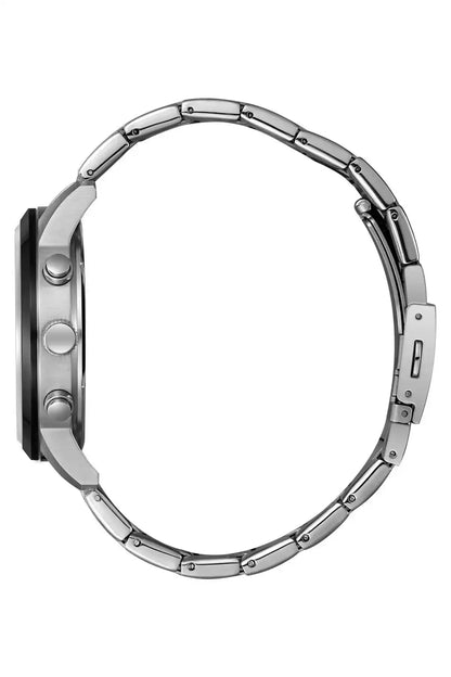 Silver metal wristwatch back view with round case and linked bracelet
