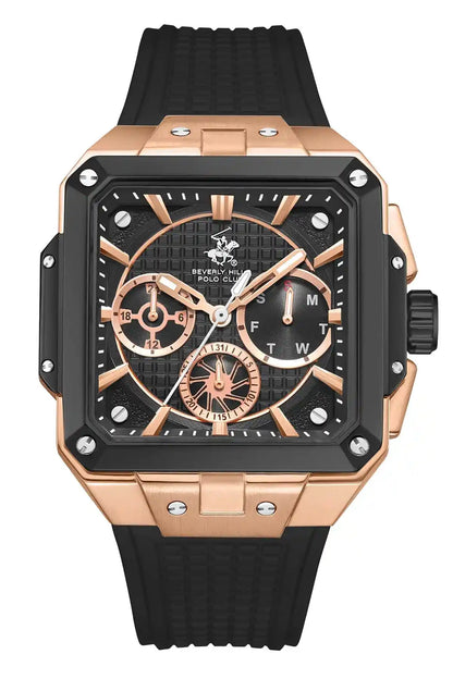 Black sports watch with rose-gold case and multi-dial chronograph face