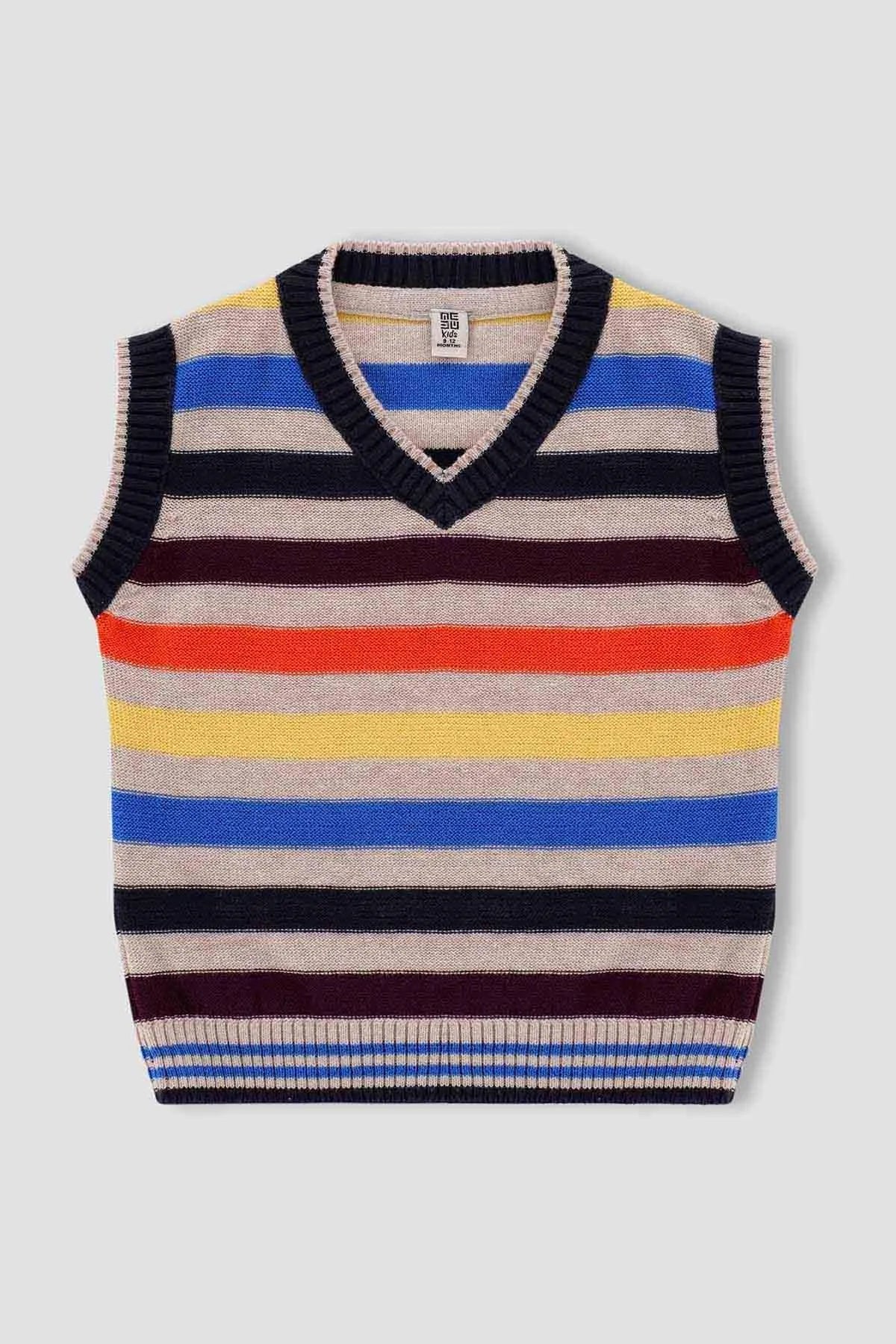 Striped knit sweater vest, navy V-neck, beige blue maroon and orange horizontal stripes