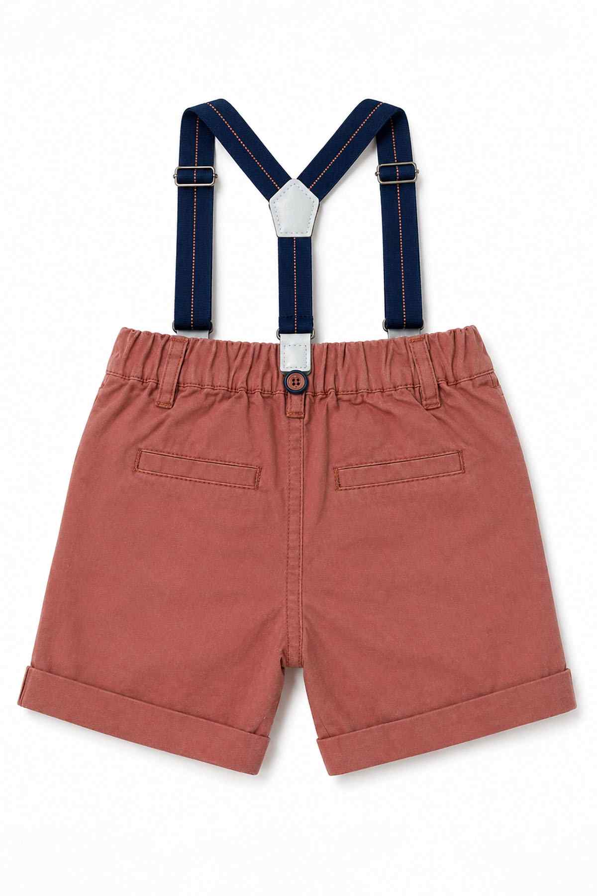 Brown baby short overalls with navy suspenders and front buttons, close-up