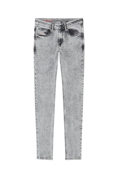 Light grey straight-leg jeans with belt loops and stitched front pockets