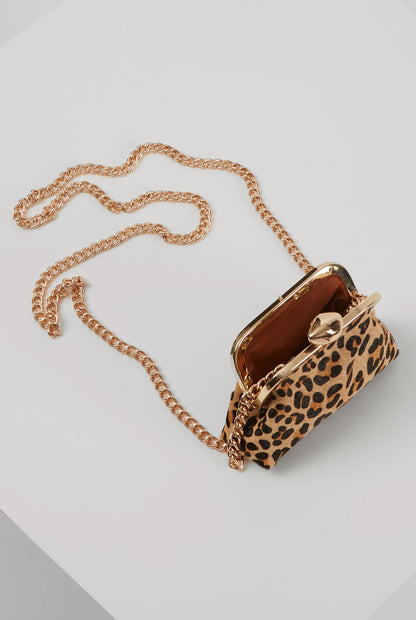 Leopard-print mini handbag with gold-tone clasp top and gold chain strap