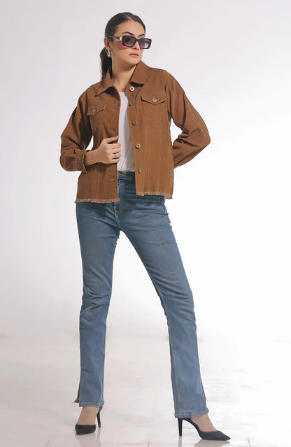 Tan cropped button-front utility jacket with collar, chest pockets, and long sleeves
