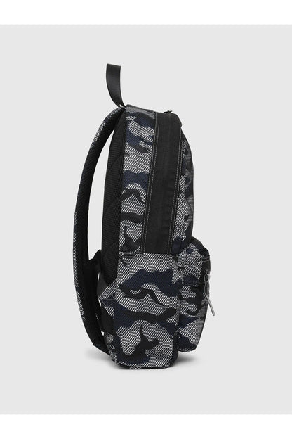 Black camo mesh backpack with side pocket and dangling mini pouch