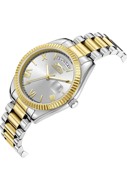 Two-tone metal watch with gold hour markers, silver dial, and link bracelet