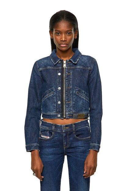 Diesel blue denim jacket with pointed collar, snap buttons, and center zip