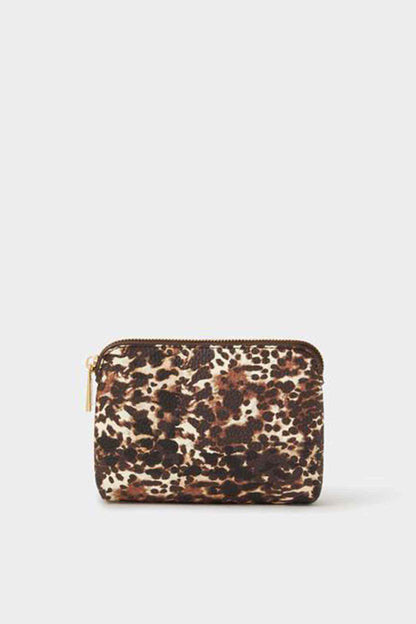 Leopard print zip pouch with gold-tone zipper and compact shape