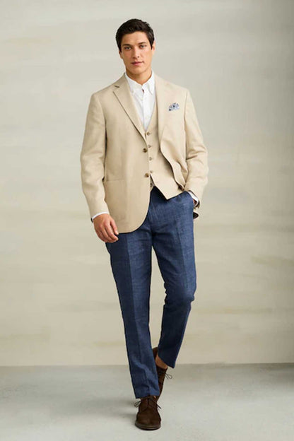 Men's stone single-breasted blazer with notch lapels and chest pocket square