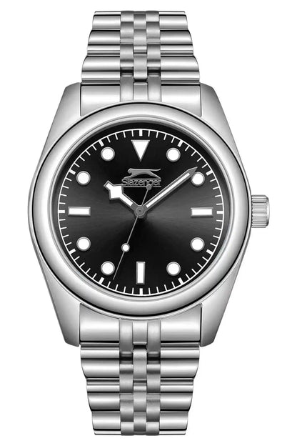 Silver SLAZENGER wristwatch with black dial, stick markers, and metal link bracelet