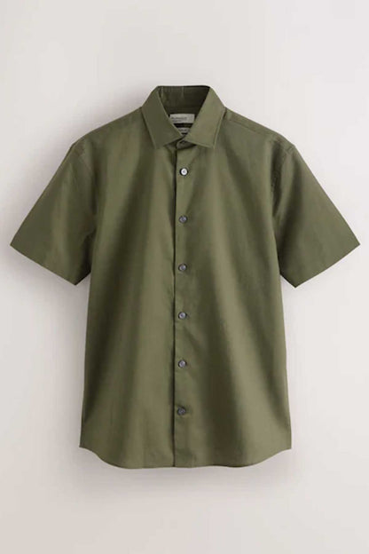 Green short-sleeve button-up shirt, flat lay front
