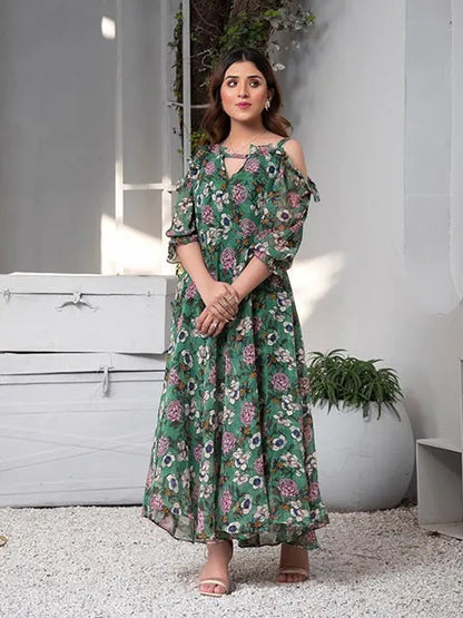 Floral midi dress with off-shoulder neckline, flowy skirt, green base and pink flower pattern