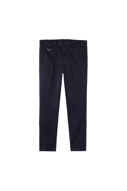 Pair of dark navy jeans, front view with belt loops and button closure