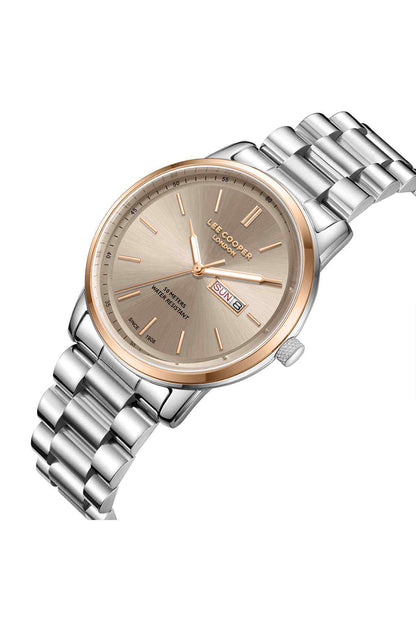 Silver metal wristwatch with beige dial, crown detail, and three hands