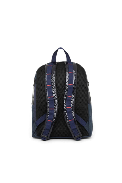 Mini backpack with back mesh shoulder straps and blue-red striped webbing