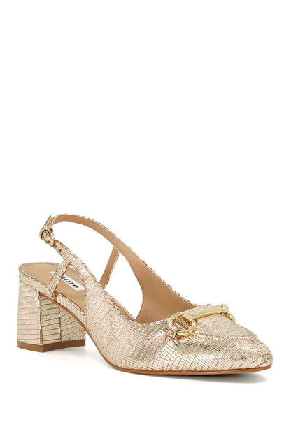 Gold textured high block heel slingback shoe with buckle strap