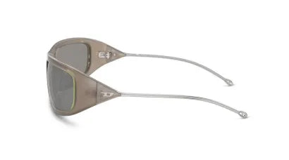 Side profile sunglasses with light taupe frame, gray lens, and green hinge trim