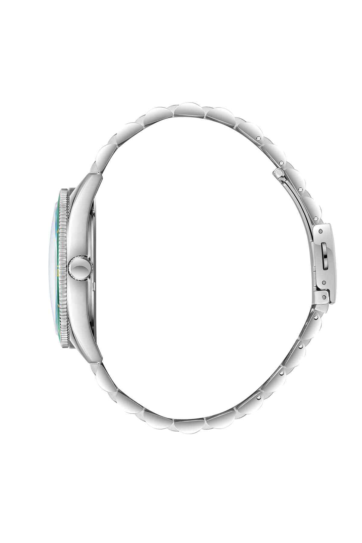 Silver round wristwatch case with metal bracelet, side profile