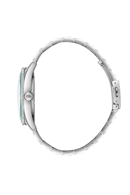 Silver round wristwatch case with metal bracelet, side profile