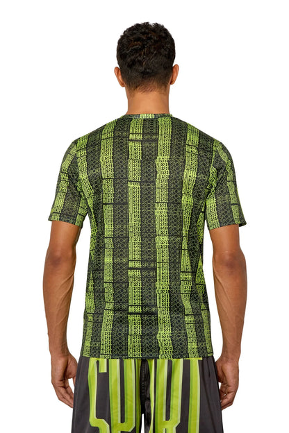 Neon green graphic T-shirt with vertical text stripes, back view