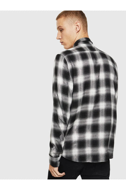 Plaid button-up shirt, back/side view with long sleeves
