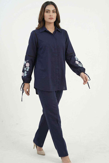 Navy blue tunic shirt and matching pants set, floral embroidery on cuffs and ties
