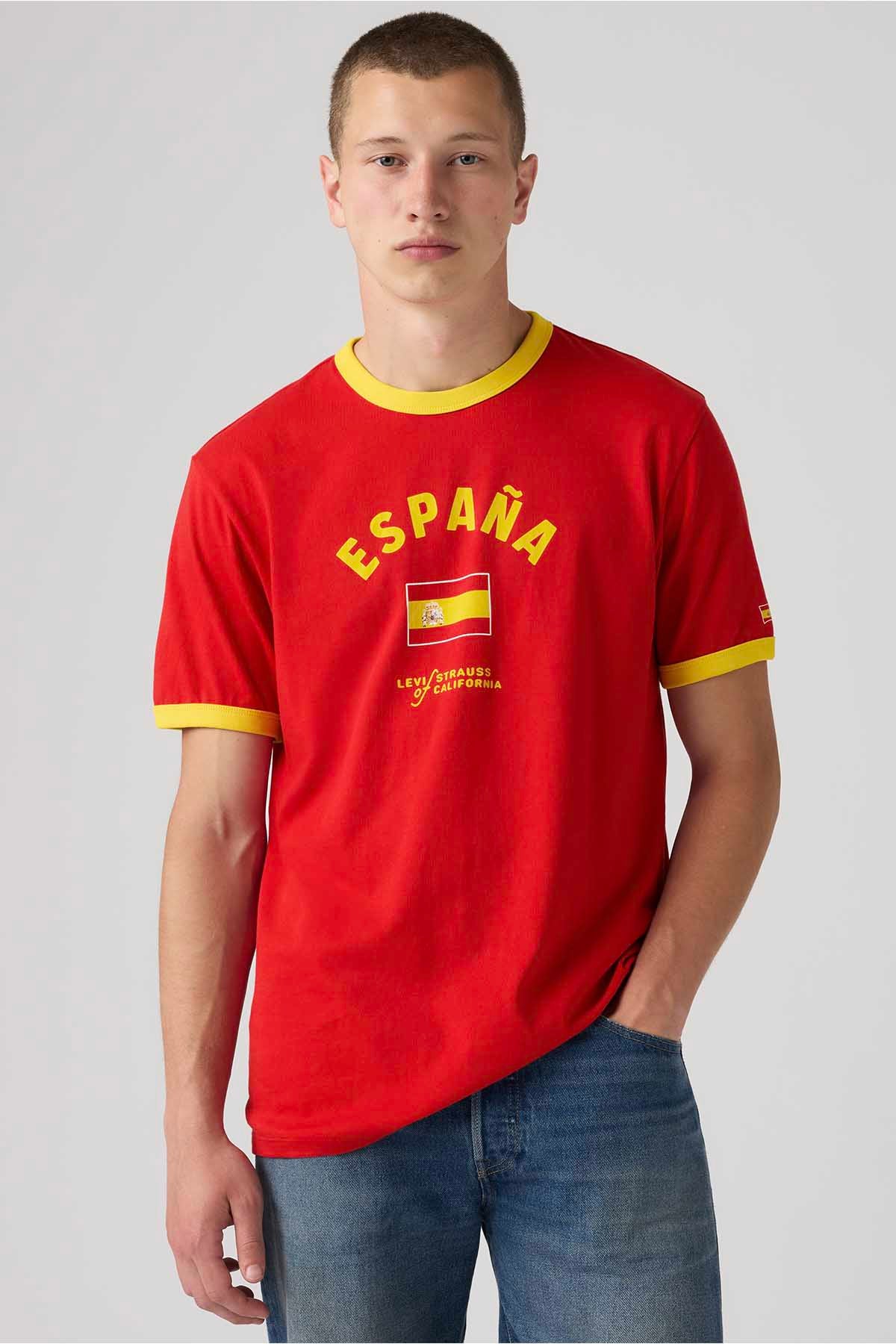 Red Levi's Spain T-shirt with yellow collar and sleeve trim